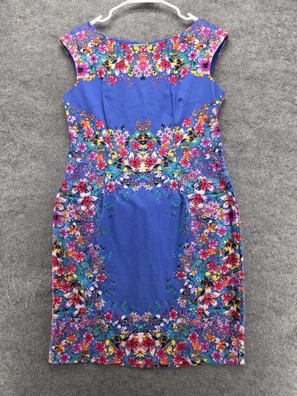 London Times Dress Womens 8 Blue Floral Sheath Knee Length Cap Sleeve Lined